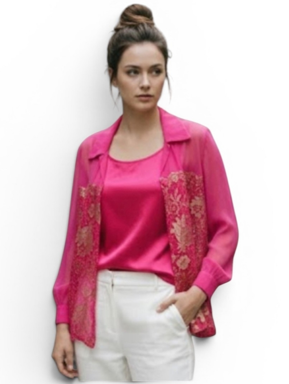Vintage 1980s Alfred Sung Silk Two-Piece Lace Overlay Top Set – Size 4
